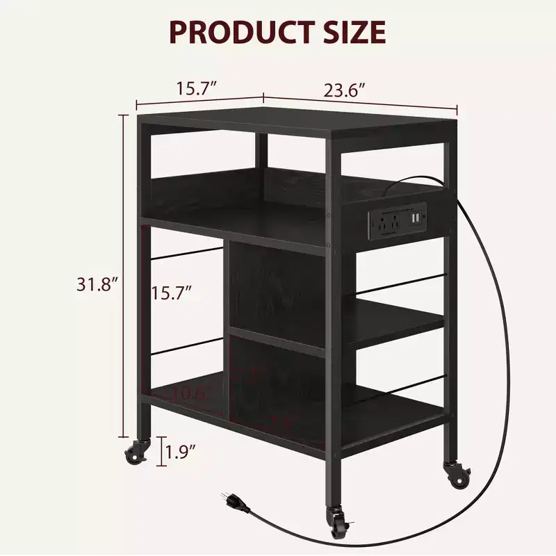 3-Tier Mobile Printer Stand with Charging Station & Storage Shelf - Rolling Desk Organizer for Home Office, Kitchen,Living Room