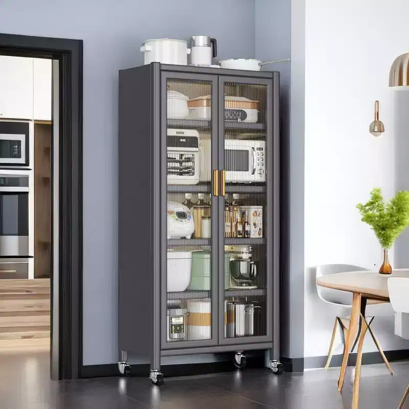 Grey Multi-Level Kitchen Storage Shelf with Doors & Casters