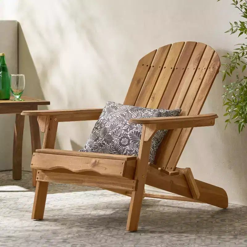 Zeus & Ruta Folding Adirondack Chair, Outdoor Wooden Lounge Chair with Slatted Back & Wide Armrests, Teak Finish