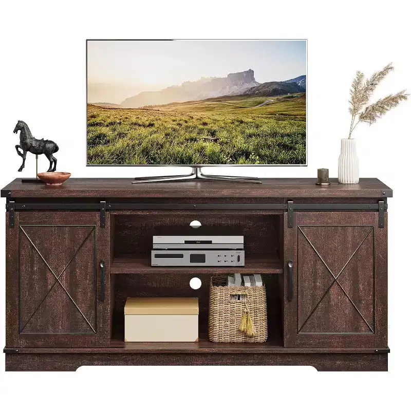 59in Farmhouse TV Stand for TVs Up to 65, Rustic Entertainment Center with Sliding Barn Doors, Storage Cabinets & Adjustable Shelf, Media Console