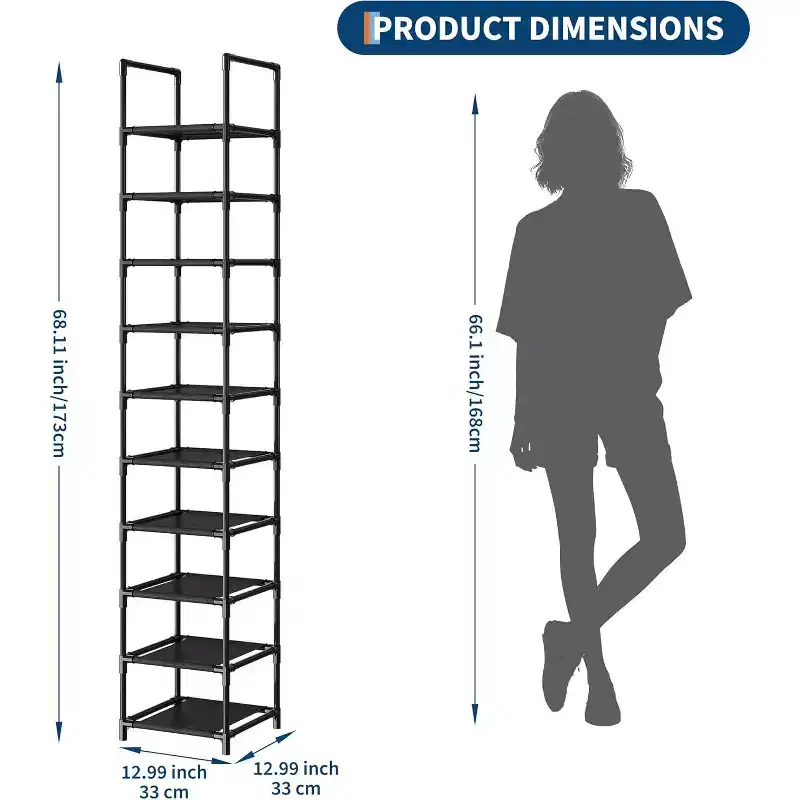 10 Tier Metal Shoe Rack, Tall Space Saving Shoe Organizer with Removable Fabric Shelves for Closet, Entryway, Bedroom