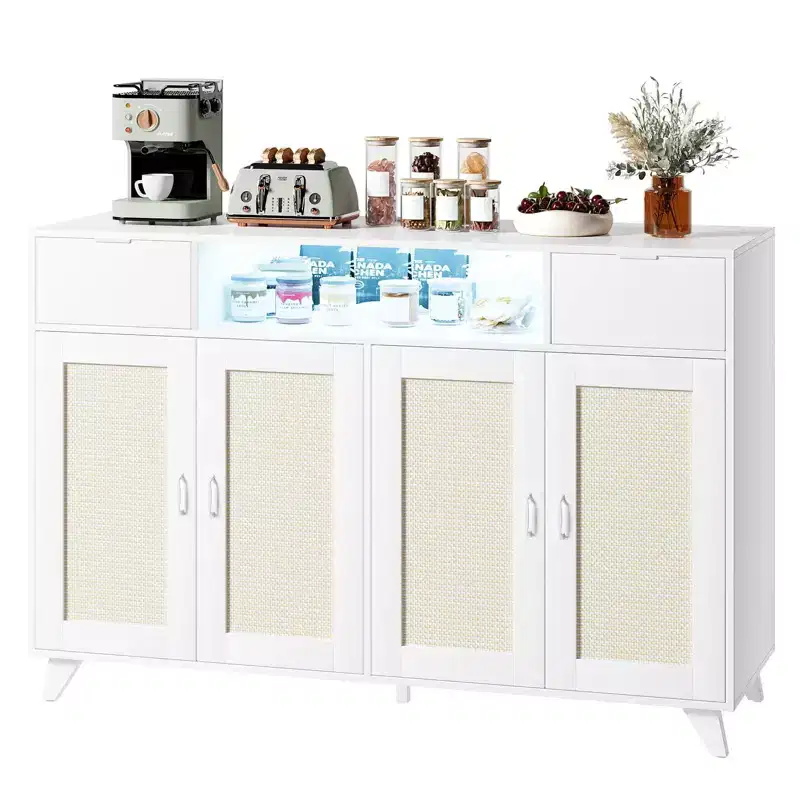 Rattan Cabinet Sideboard Buffet, with 2 Drawers, Power Outlet & LED Lights for Dining Room, White