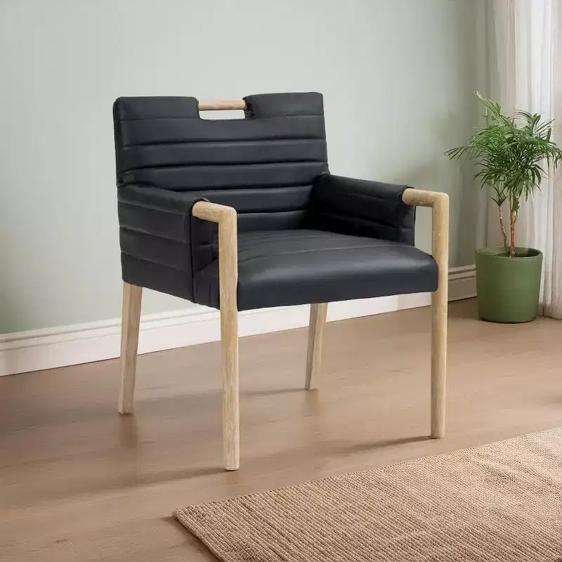 Vegan Leather Dining Arm Chair - Channel Tufted, Natural Oak Legs