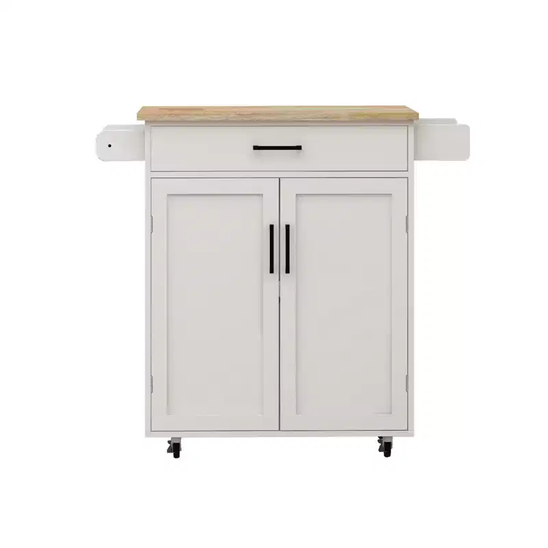Rolling Kitchen Island Cart with Drawer, Cabinet, Rack and Rubber Wood Top