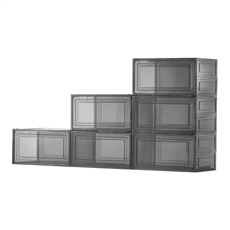 Shoe Storage Boxes, 6 Pack Clear Stackable Shoe Boxes Storage Organizers with Magnetic Door, Fit up to US Size 13, Transparent Black