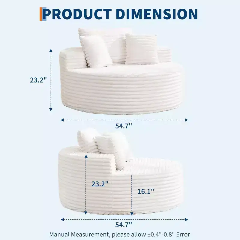 55in Oversized Corduroy Chaise Lounge Chair, Deep Seat Boneless Cloud Couch with Pillows for Living Room Bedroom