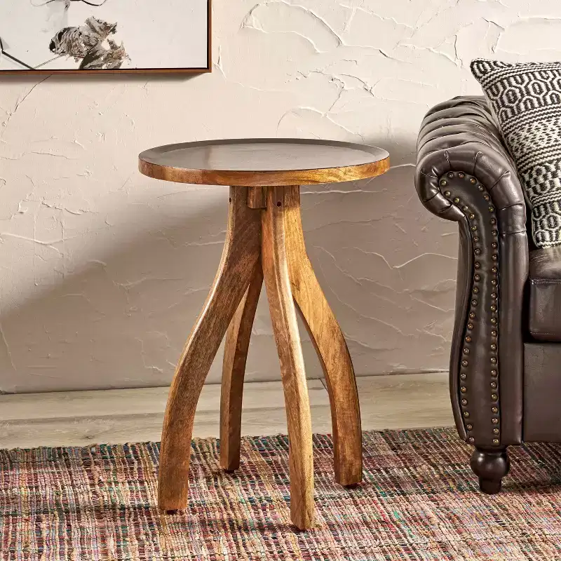 Elegant Boho Mango Wood Side Table, Curvaceous Earthy Tone Lipped Top End Table for Living Room