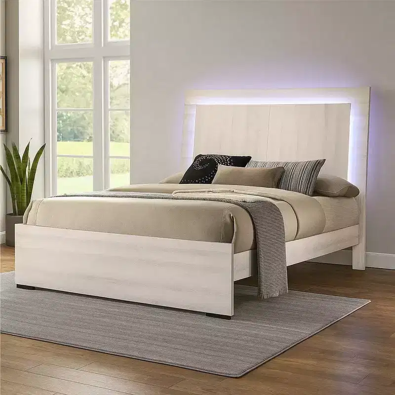 Royal Hampton Queen Size Bed W Led On Headboard, Antique White Wash Finsih