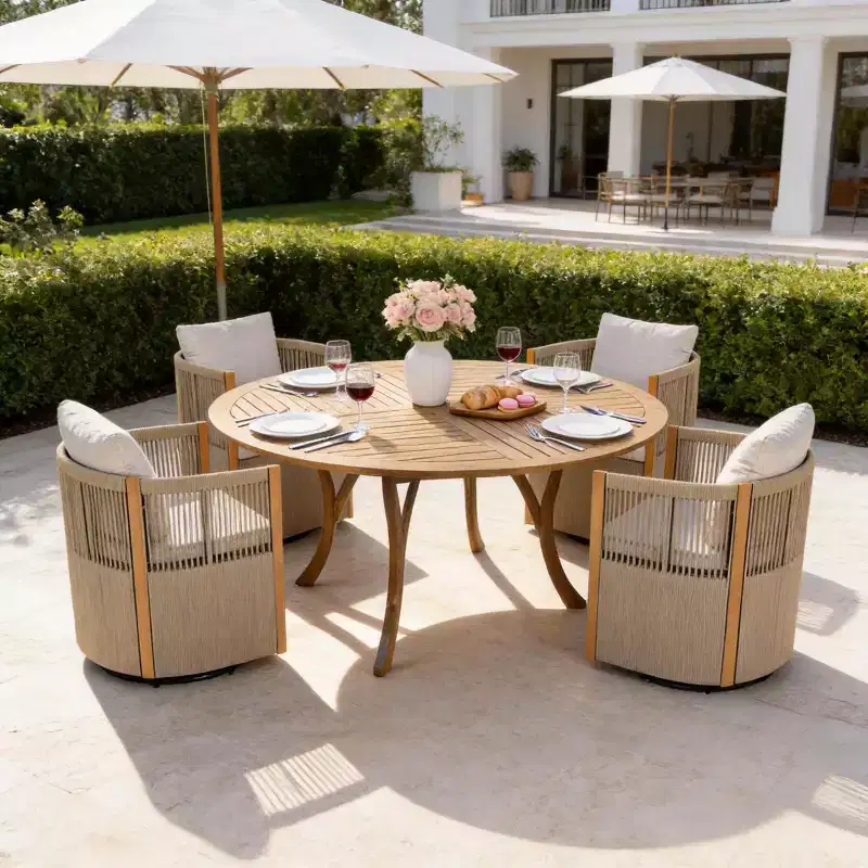Christopher Knight Home Everett Patio Modern Acacia Wood 5-Piece Outdoor Dining Set with Round Table and 4 Rope Swivel Chairs