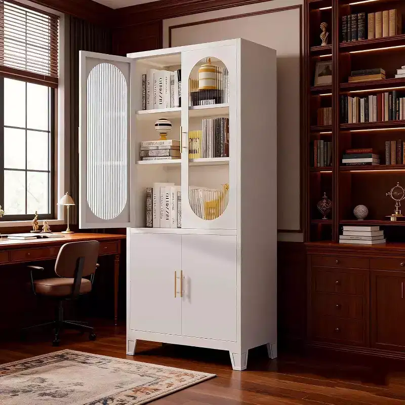 Fluted Glass Door Storage Cabinet, White Storage Cabinet with 2 Glass Doors and Adjustable Shelves, Modern Sideboard for Living, Dining Room, Entryway
