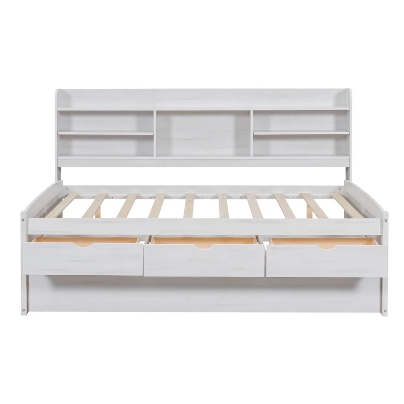 Full Pine Captain Bed with Shelves, Drawers & Trundle