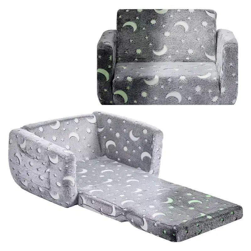 2-in-1 Kids Sofa, Foldable Toddler Soft Couch with Armrests, Glow in the Dark Kids Couch Fold Out with 28D Sponge & Flannel, M, Gray