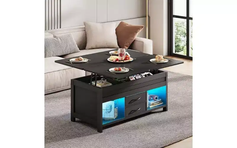 DEXYLLO 40 Lift Top Coffee Table, 4 in 1 Coffee Tables with Storage, 2 Fabric Drawers, LED Light and USB, Black