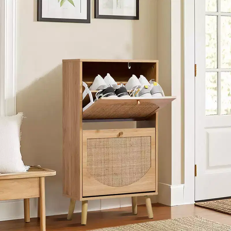 Rattan Shoe Cabinet with 2 Flip Drawers, Holds 10 Pairs