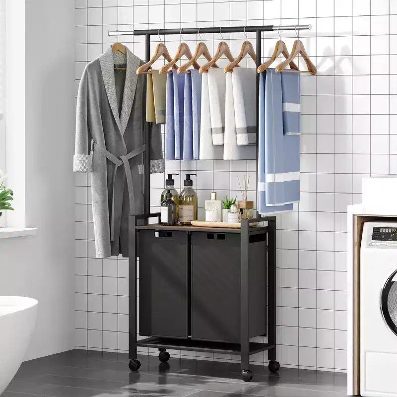 3-Section Laundry Sorter with Extendable Hanging Rod, Heavy-Duty Rolling Laundry Basket with Lockable Wheels and Storage Shelf for Laundry Room