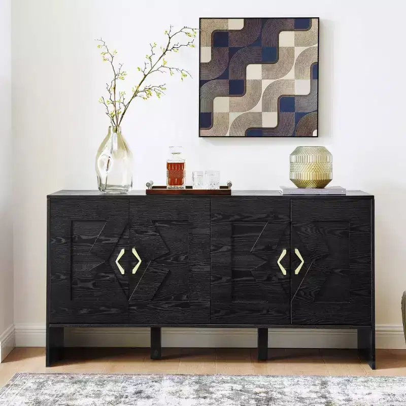Black / Walnut Mid-Century Sideboard Buffet Cabinet with Geometric Doors, 4-Door Storage Console