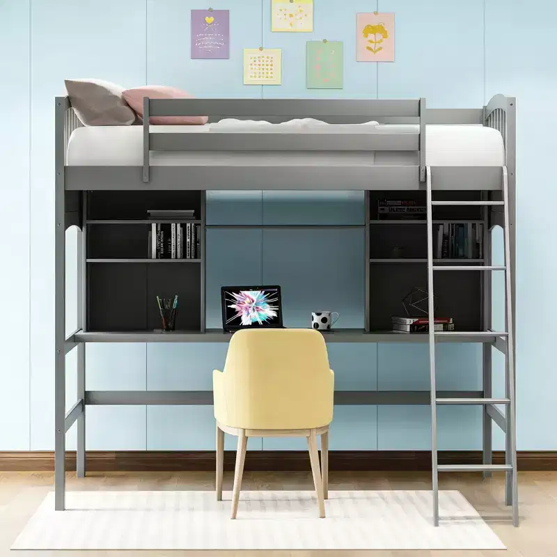 Luxystar Modern Twin Loft Bed with Desk, Storage Shelves and Adjustable Ladder