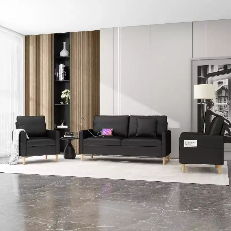 66 Black Faux Leather Loveseat Sofa with USB, Mid-Century Modern Tufted 2-Seater Couch with 2 Chairs for Small Space, Apartment, Dorm