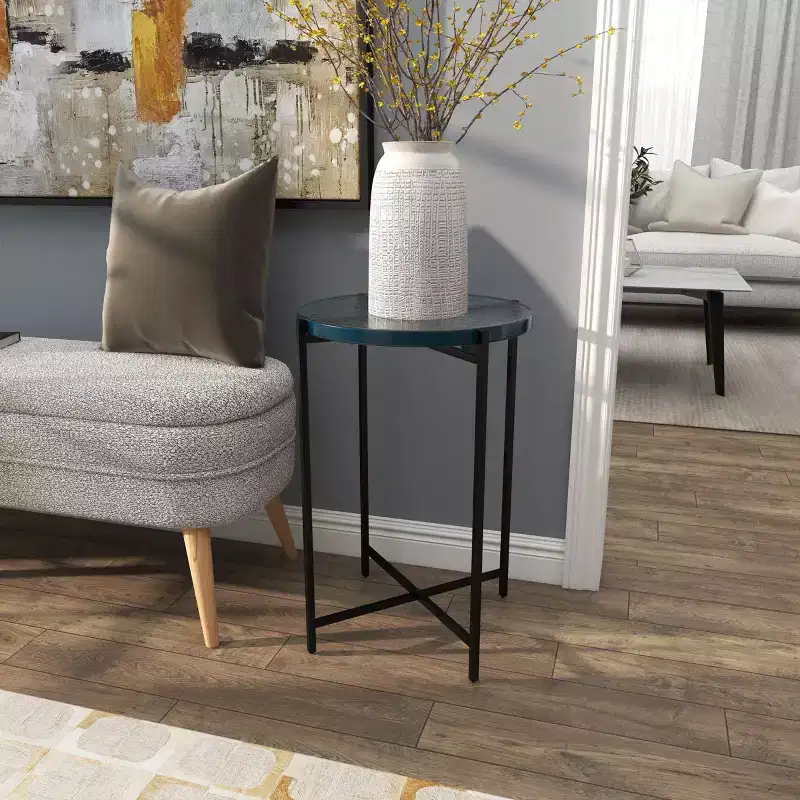 Metal X Shaped Accent Table with Textured Glass Tabletop Black: Contemporary Design, No Assembly Required