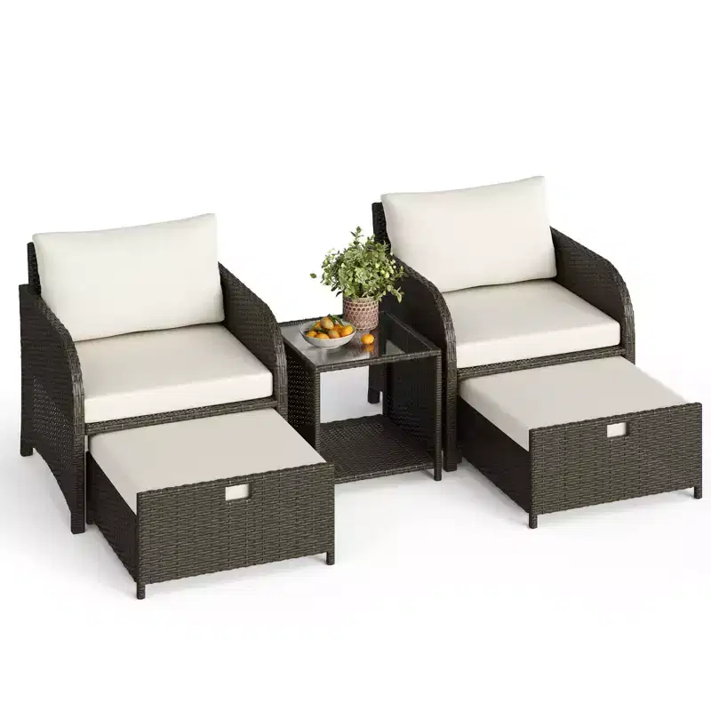5-Piece Patio Conversation Set, Outdoor Wicker Furniture with Tempered Glass Coffee Table, Chairs with Ottomans & Cushions for Garden, Backyard