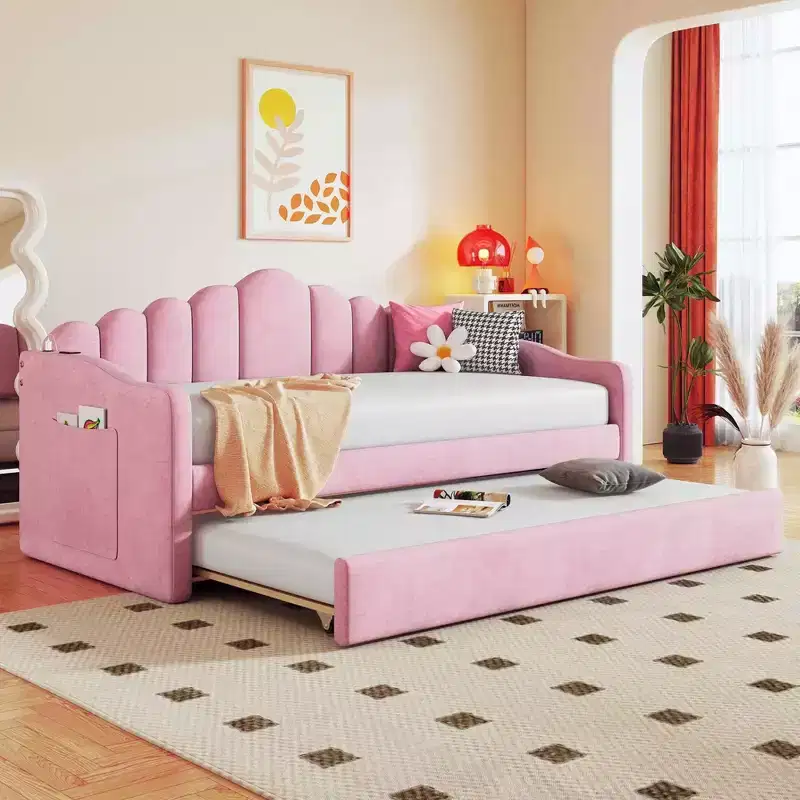 MAYEERTY Twin Size Upholstered Bed with Trundle Velvet Ports for Bedroom Pink
