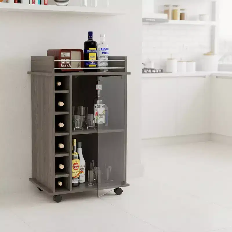 Wood Bar Cart with 2 Shelves and 6-Bottle Rack