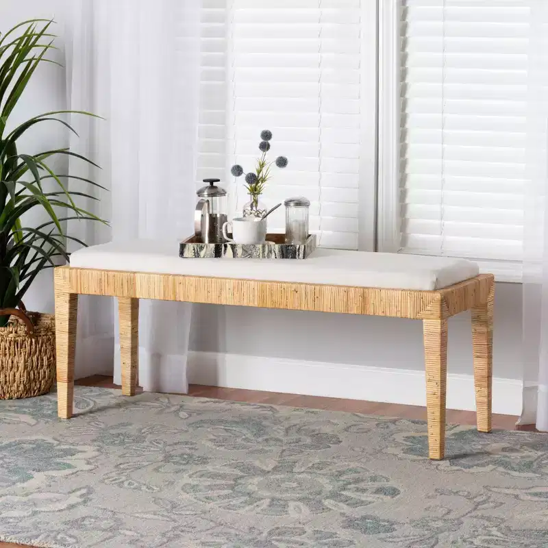 Sofia Rattan and Mahogany Wood Bench White/Natural Brown : Handmade, No Assembly Required