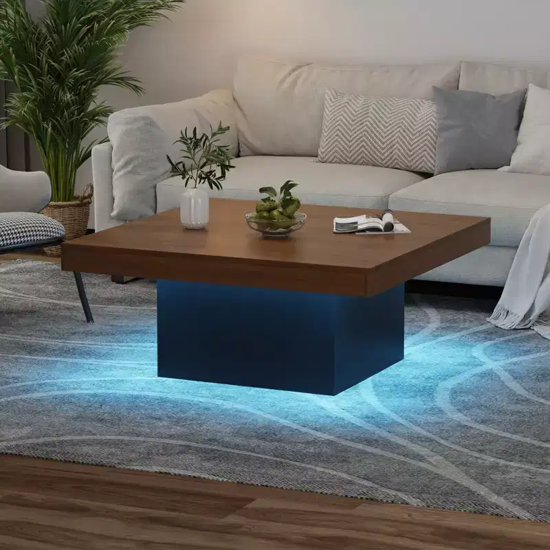 35 Inch Square Coffee Table with Led Lights, Modern Coffee Tables with Plug-in 16-Color LED Lights, Cocktail Table for Home Office, Apartment