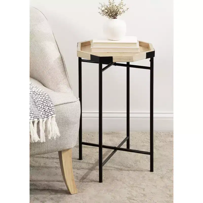 Octagon Wood Side Table - Natural Finish, Satin Black Metal Base, 15x15x24