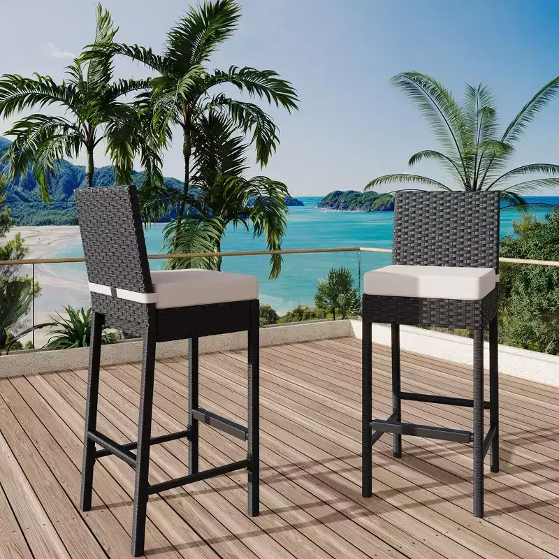 Set of 2 Outdoor Wicker Barstools with Cushions, Patio Rattan Bar Height Stools Armless for Backyard, Poolside, Balcony & Garden High Table Seating