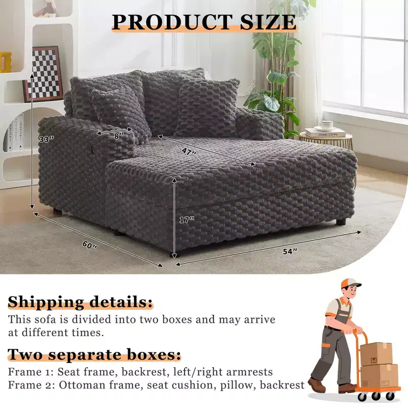 60 Inch Oversized Chaise Lounge Chair Indoor with Cup Holders and USB Ports, Upholstered Sleeper Sofa for Reading - Gray