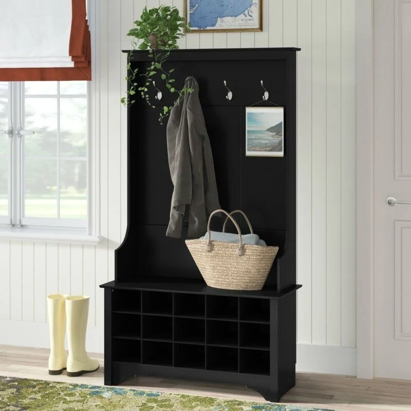 Black Entryway Hall Tree Shoe Cubbie Coat Rack - 34.75 W x 14.75 D