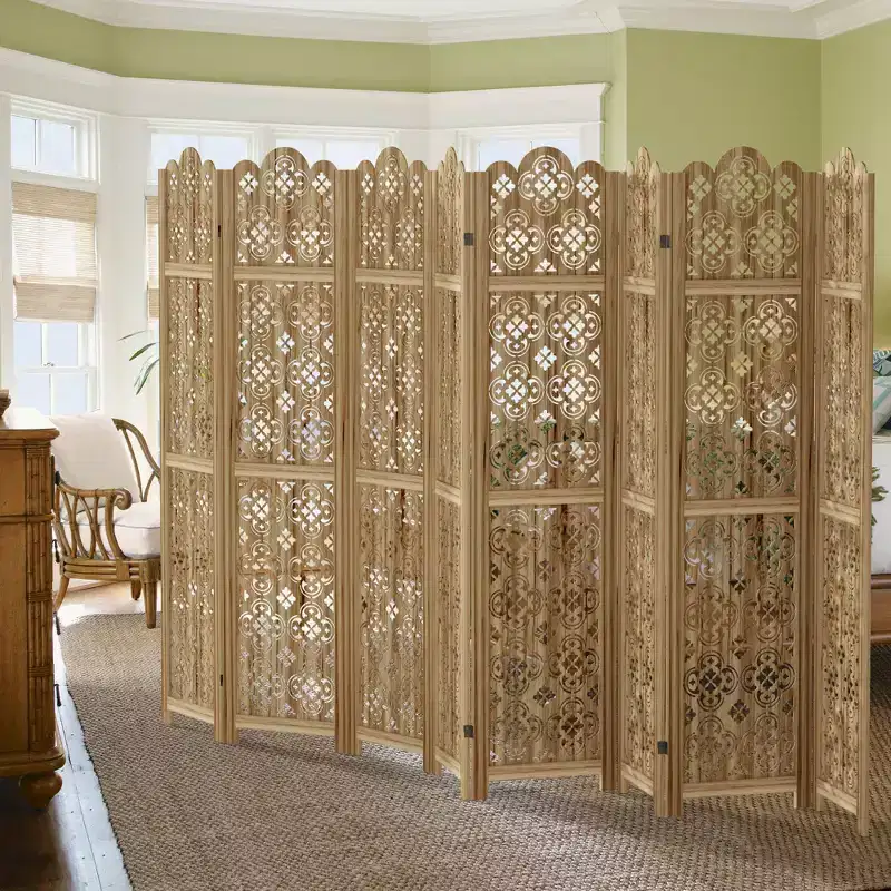 PexFix Carved Room Divider Folding Screen Room Divider with Copper Coin Pattern for Home Office Garden Terrace Paulownia Wood