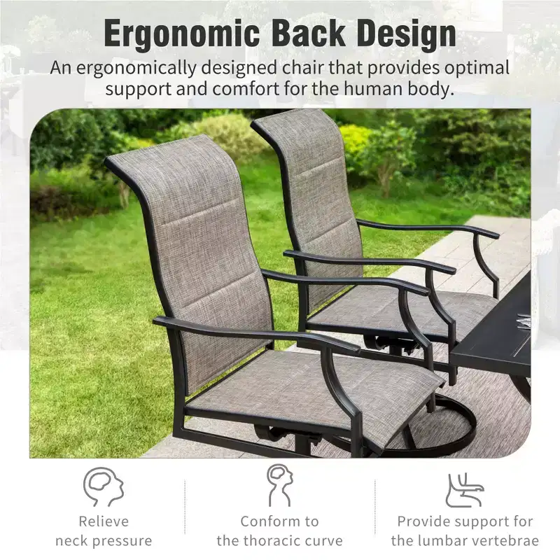 Captiva Designs 7pc Outdoor Slat-top Rectangle Steel Dining Table & Grayish Brown Padded Sling Chairs