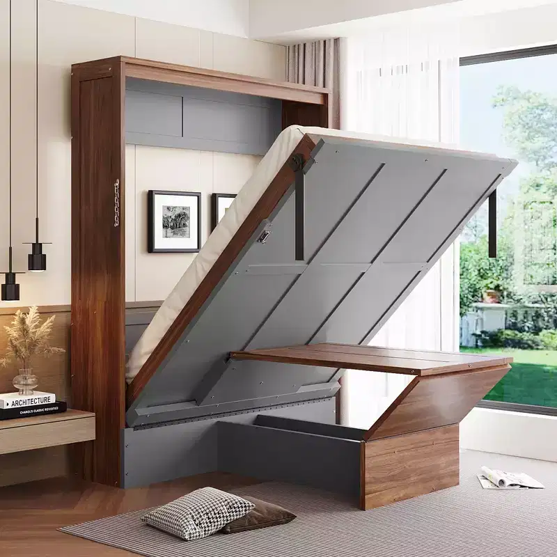 Full Size Murphy Bed, Wooden Full Cabinet Bed Wall Bed with Foldable Desk, Folding Wall Chest Bed for Guest Room Office