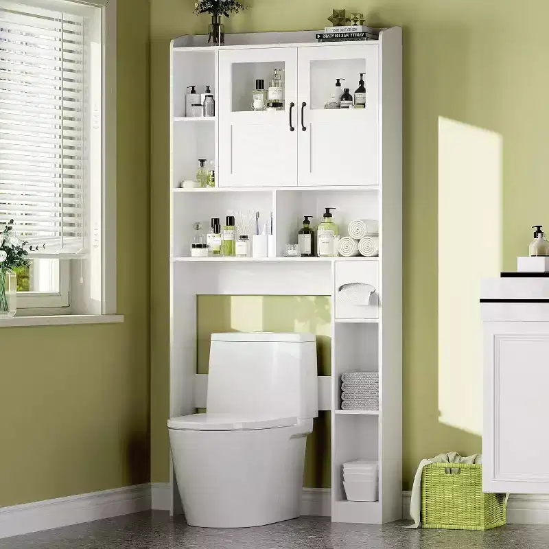 Over The Toilet Storage Cabinet,Glass Door Adjustable Bathroom Storage Organizer Over Toilet,with Toilet Paper Holder,for Bathroom, Restroom White