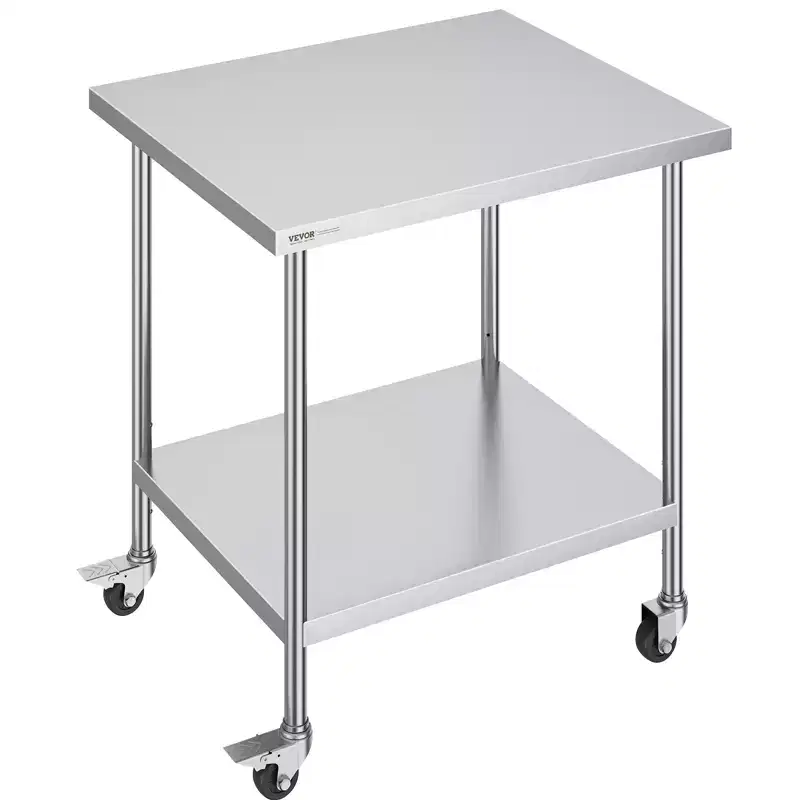 VEVOR Stainless Steel Work Table 30 x 18 x 38 Inch, with 4 Wheels, 3 Adjustable Height Levels, Heavy Duty Food Prep Worktable, Silver