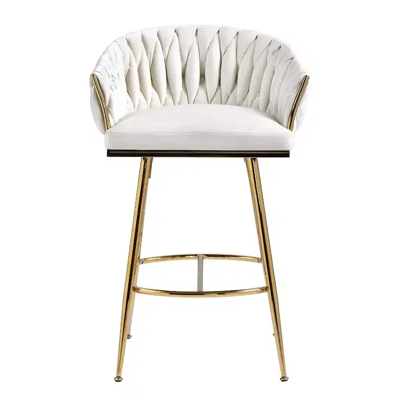 26 Inch Counter Height Bar Stool, Velvet Kitchen Island Stool with Wave Back, Gold Chrome Base and Footrest, Beige