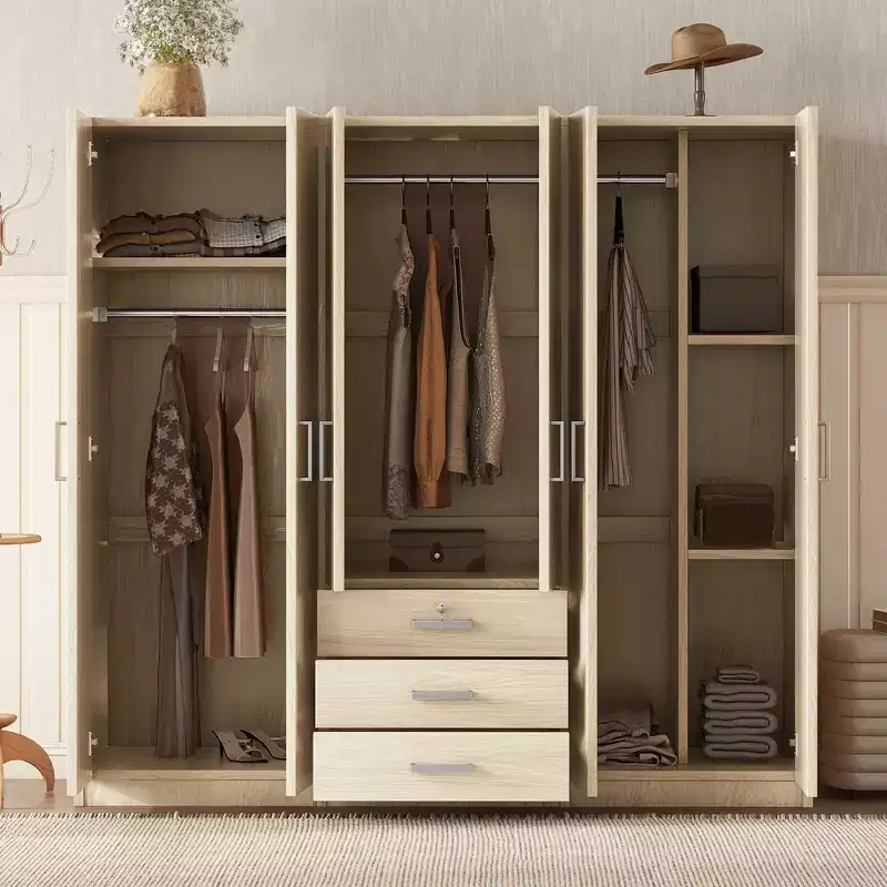 6-Door Wooden Wardrobe with Drawers for Bedroom