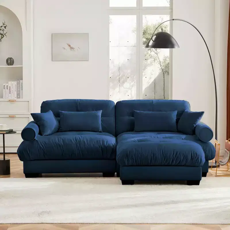 Modern Two Seater Sofa with Ottoman 2 Round Bolster Armrest Waist Pillows Thrown Pillows for Living Room Blue