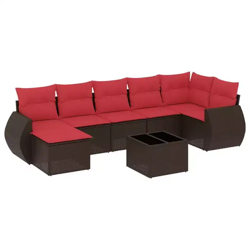 vidaXL 8 Piece Garden Sofa Set with Cushions Brown Poly Rattan - Brown and Red With Table