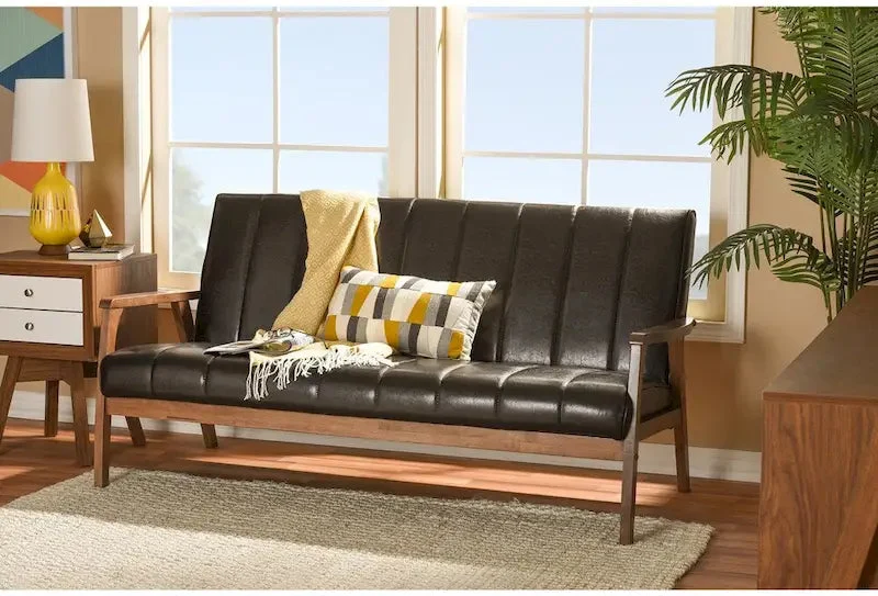 Mid-Century Scandinavian 3-Seater Sofa | Dark Brown Faux Leather | Wooden Frame