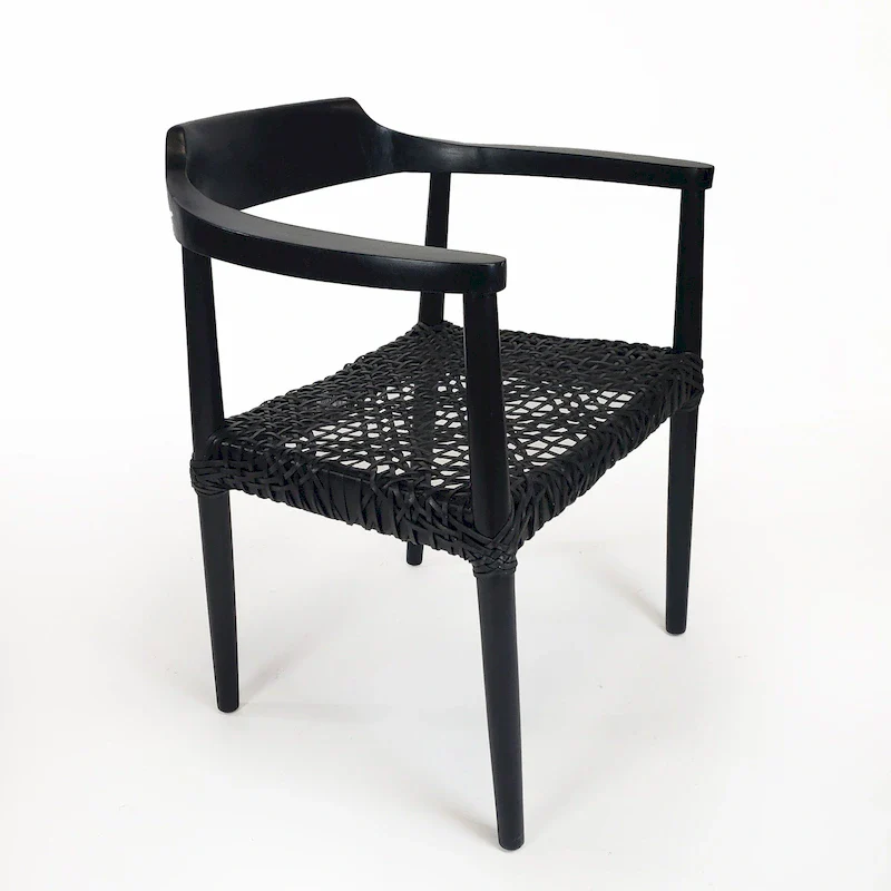 Teak Wood Frame Woven Leather Seat Accent Armchair | Boho Natural Style