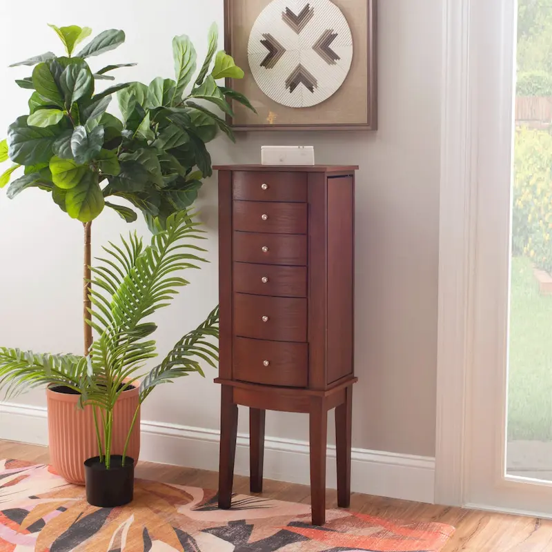 Brown 6-Drawer Jewelry Armoire with Mirror, Freestanding, 1-Person