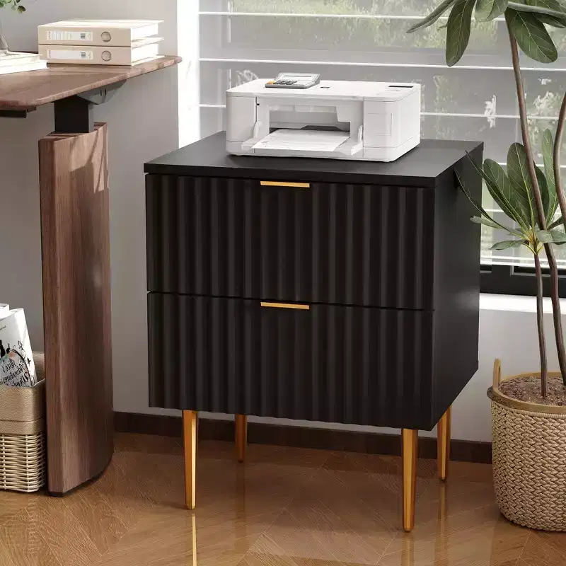 Modern Nightstand with 2 Drawers, Golden and Wood Fluted Night Stand, Side Table for Bedroom Apartment