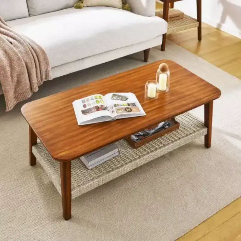 Mid-Century Coffee Table With Woven Shelf, Bohemian Rattan Coffee Table With Storage, Farmhouse Wooden Low Rectangular End Table For Living Room