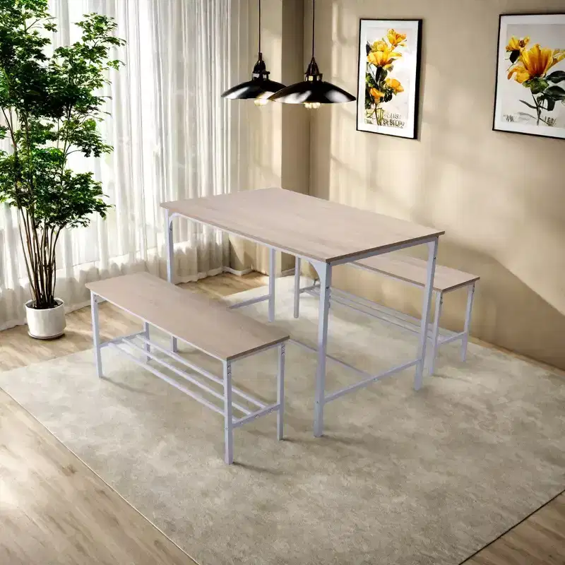 Dining Table, 3 Piece Dining with Storage Shelves, Metal Frame & MDF Board, Dinette for Kitchen, Dining Room, Restaurant, Oak