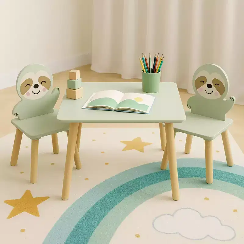 Kids Table and Chair Set with 2 Cute Sloth Chairs, Wooden Toddler Activity Table, Cute Animal Design Play & Study Set for Playroom, Bedroom