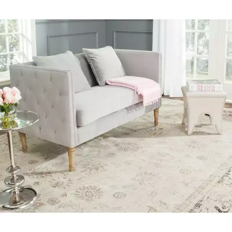 Grey Velvet Tufted Settee with Throw Pillows