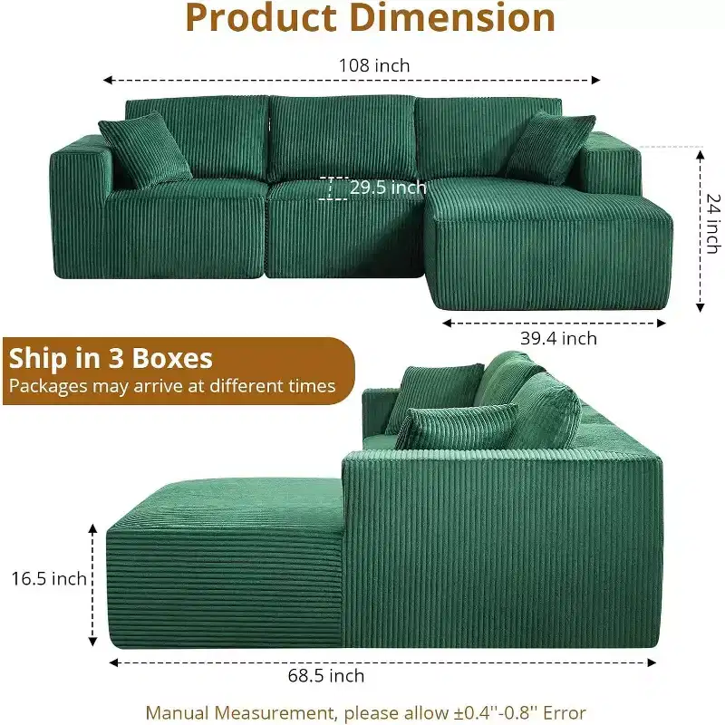 Acekool L Shape Sectional Couch, 108 Cloud Modular Sofa, Corduroy, Deep Seat, No Assembly, for Living Room, Emerald Green, Right-Facing